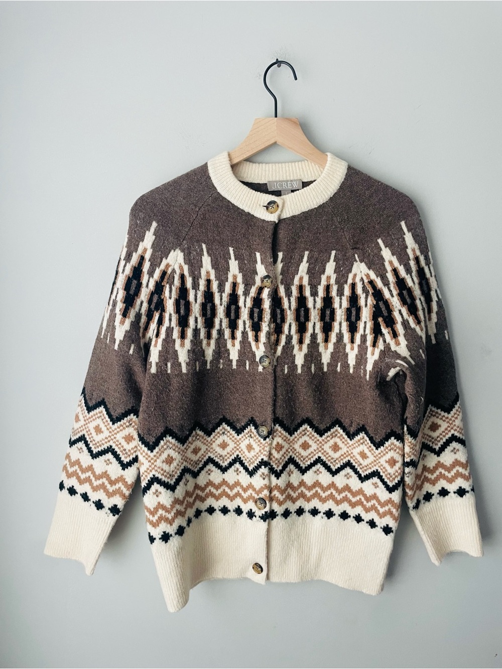 J. Crew Brown & Cream Fair Isle Knit Cardigan Sweater RARE